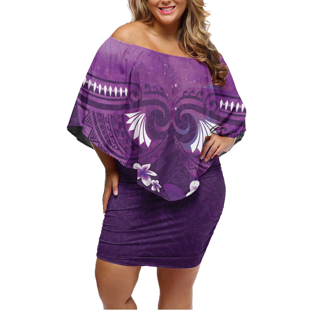 Purple Polynesia Family Matching Off Shoulder Short Dress and Hawaiian Shirt Tribal Pattern Tropical Frangipani LT14 Mom's Dress Purple - Polynesian Pride