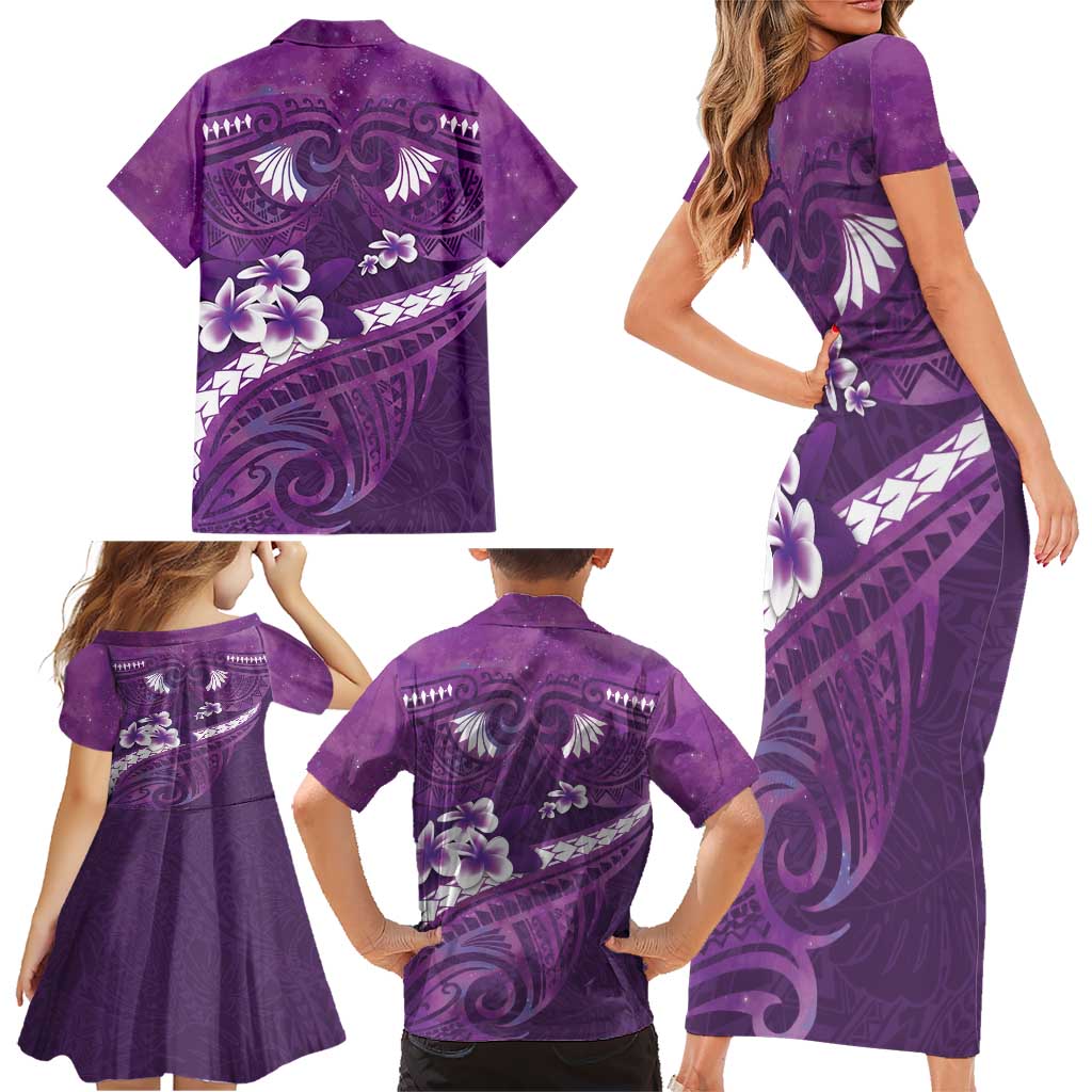 Purple Polynesia Family Matching Short Sleeve Bodycon Dress and Hawaiian Shirt Tribal Pattern Tropical Frangipani LT14 - Polynesian Pride