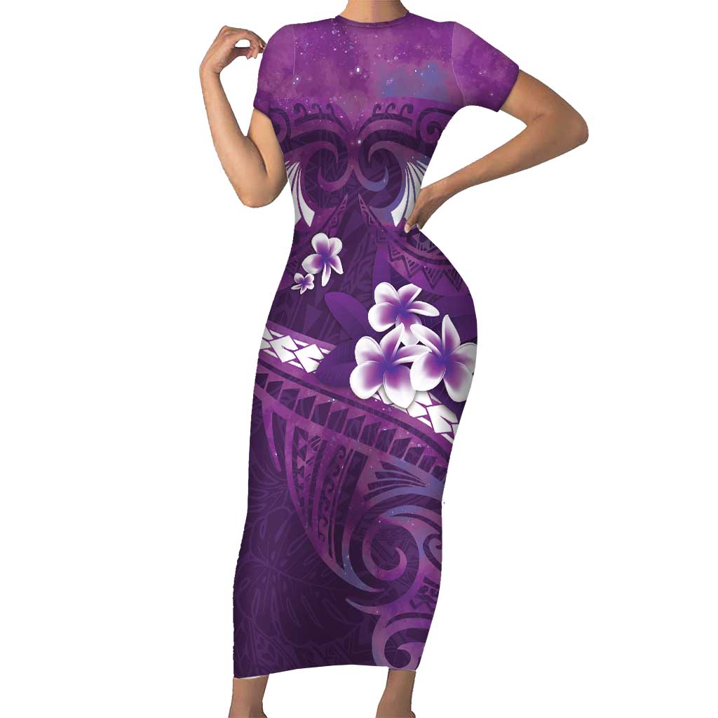 Purple Polynesia Family Matching Short Sleeve Bodycon Dress and Hawaiian Shirt Tribal Pattern Tropical Frangipani LT14 Mom's Dress Purple - Polynesian Pride