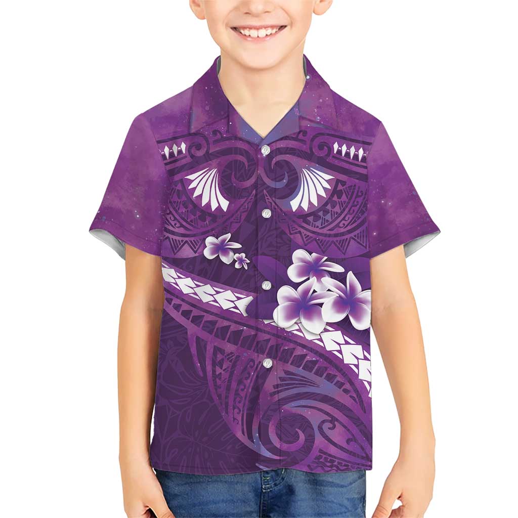 Purple Polynesia Kid Hawaiian Shirt Tribal Pattern Tropical Frangipani