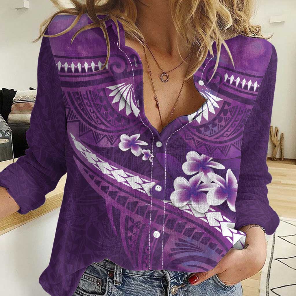 Purple Polynesia Women Casual Shirt Tribal Pattern Tropical Frangipani LT14 Female Purple - Polynesian Pride