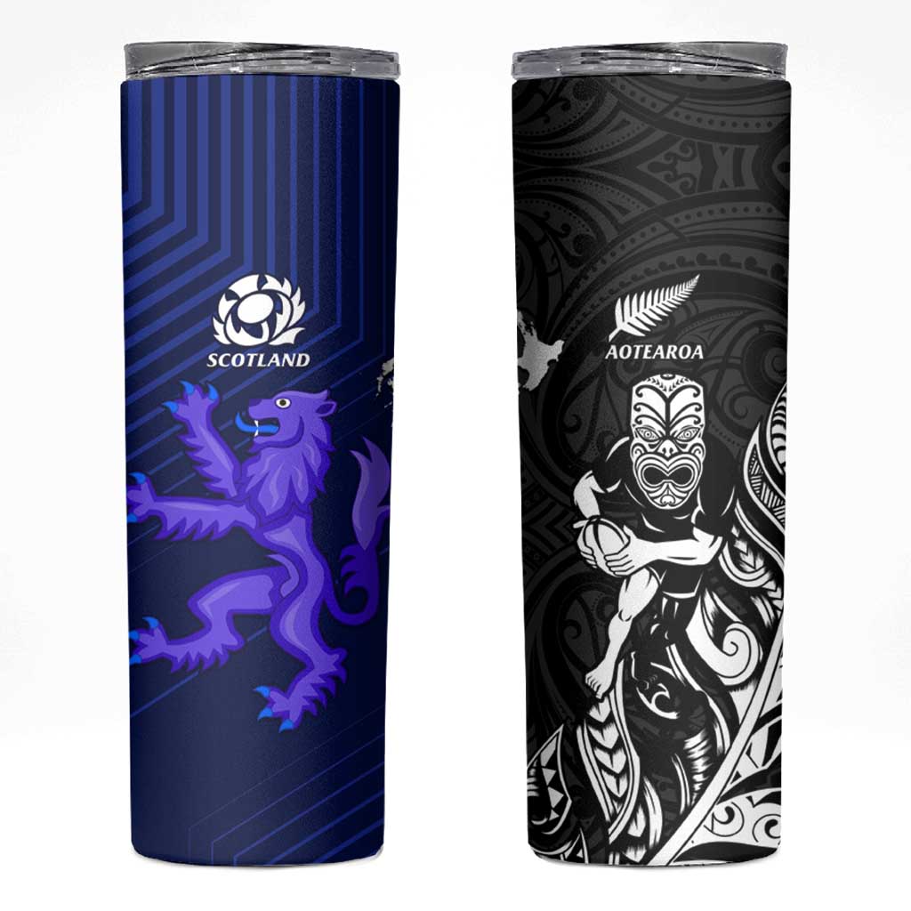 New Zealand and Scotland Rugby Skinny Tumbler All Black Maori With Thistle Together LT14 Black - Polynesian Pride