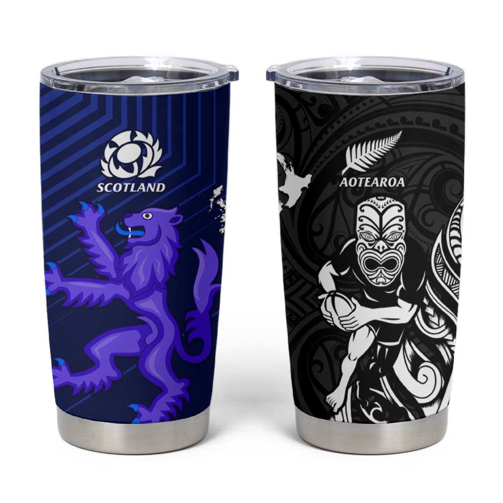 New Zealand and Scotland Rugby Tumbler Cup All Black Maori With Thistle Together LT14 Black - Polynesian Pride