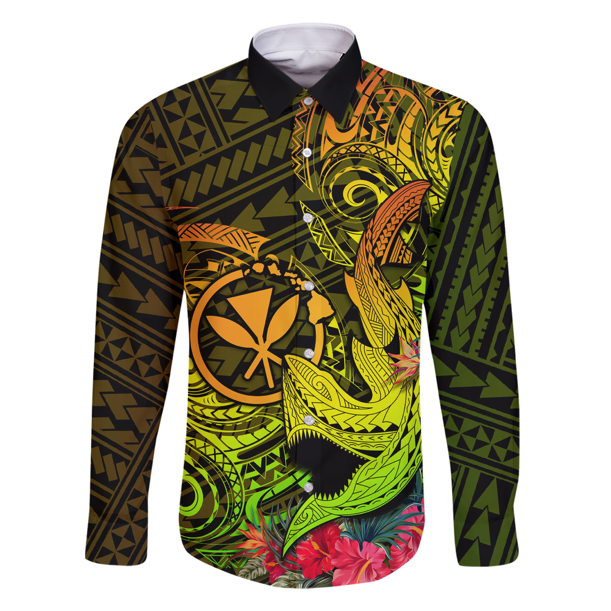 Hawaii Family Matching Off Shoulder Maxi Dress and Hawaiian Shirt Kanaka Map With Polynesian Shark Tattoo Reggae Unique LT14 Dad's Shirt - Long Sleeve Reggae - Polynesian Pride