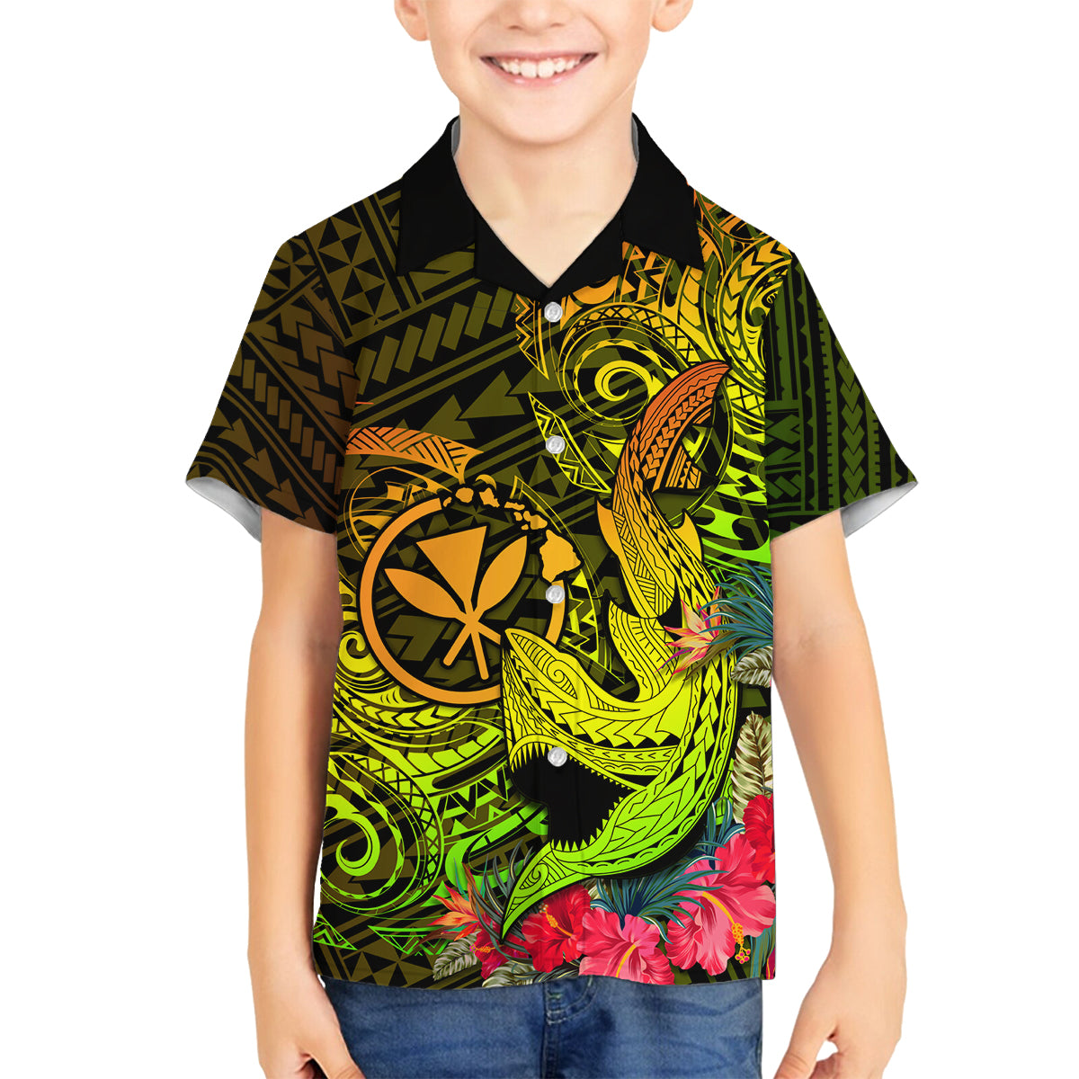 Hawaii Family Matching Off Shoulder Maxi Dress and Hawaiian Shirt Kanaka Map With Polynesian Shark Tattoo Reggae Unique LT14 Son's Shirt Reggae - Polynesian Pride