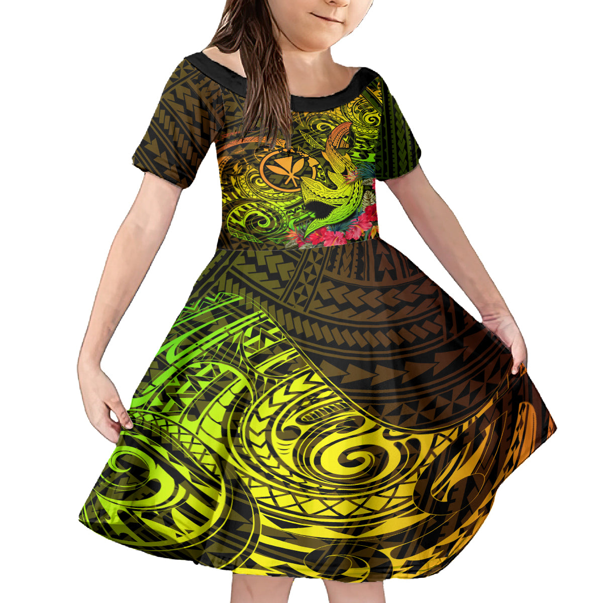Hawaii Family Matching Summer Maxi Dress and Hawaiian Shirt Kanaka Map With Polynesian Shark Tattoo Reggae Unique LT14 Daughter's Dress Reggae - Polynesian Pride