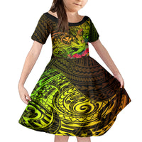 Hawaii Family Matching Summer Maxi Dress and Hawaiian Shirt Kanaka Map With Polynesian Shark Tattoo Reggae Unique LT14 Daughter's Dress Reggae - Polynesian Pride
