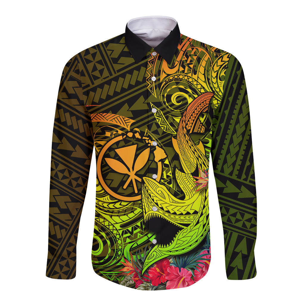 Hawaii Long Sleeve Button Shirt Kanaka Map With Polynesian Shark Tattoo Reggae Unique LT14 Unisex Reggae - Polynesian Pride