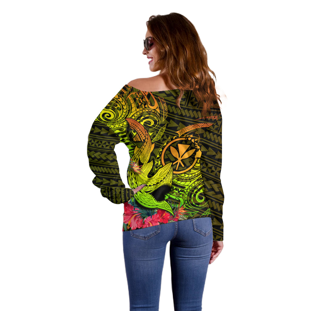 Hawaii Off Shoulder Sweater Kanaka Map With Polynesian Shark Tattoo Reggae Unique LT14 - Polynesian Pride