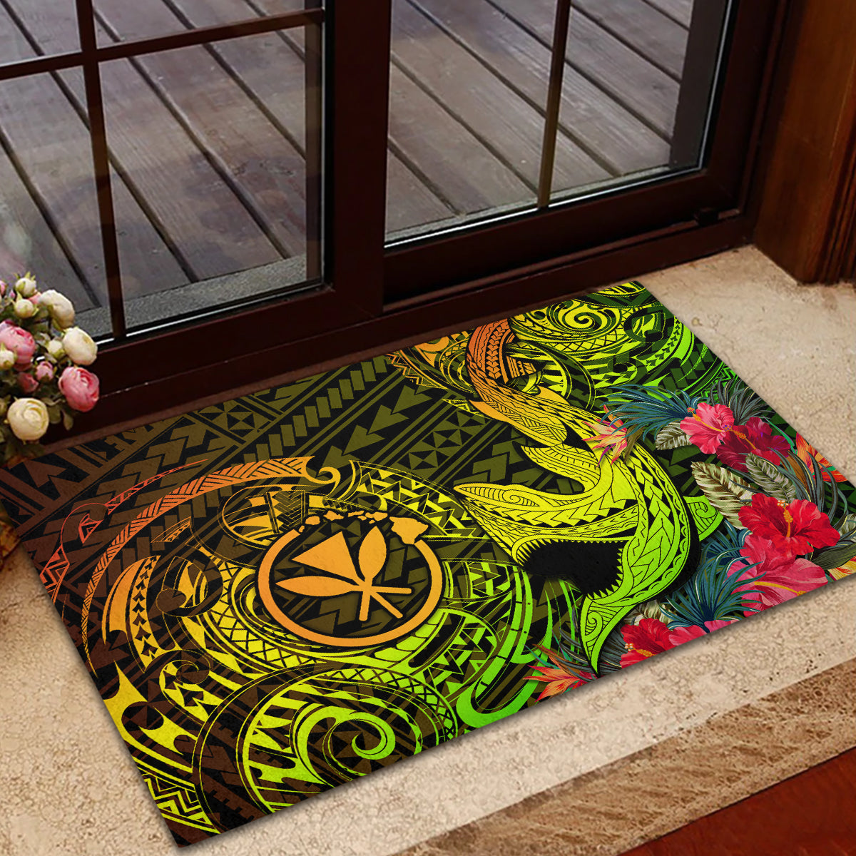Hawaii Rubber Doormat Kanaka Map With Polynesian Shark Tattoo Reggae Unique LT14 - Polynesian Pride