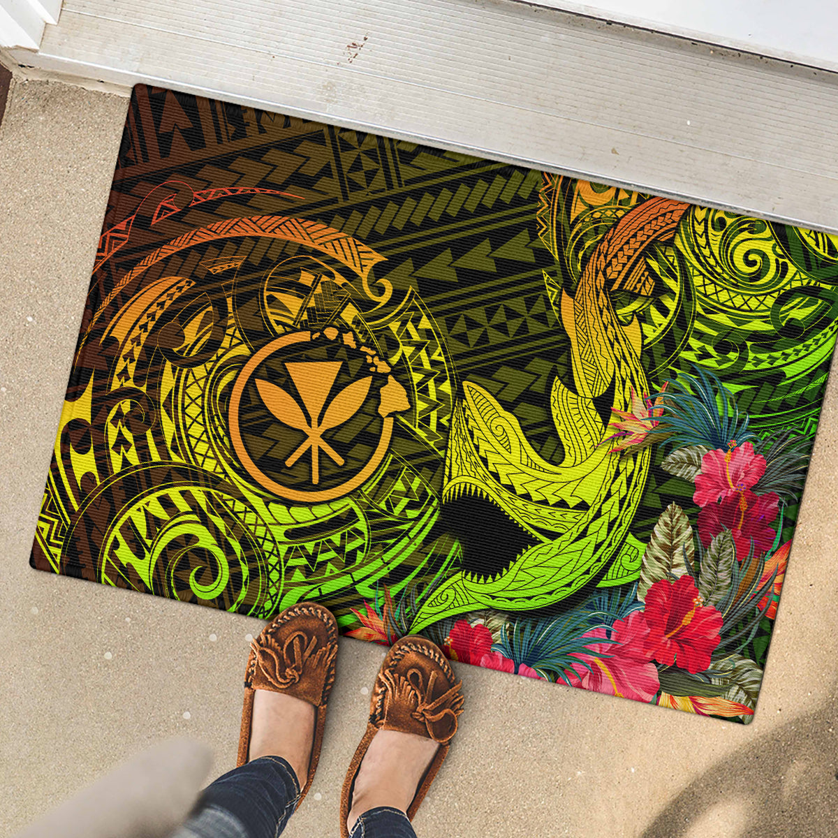 Hawaii Rubber Doormat Kanaka Map With Polynesian Shark Tattoo Reggae Unique LT14 - Polynesian Pride