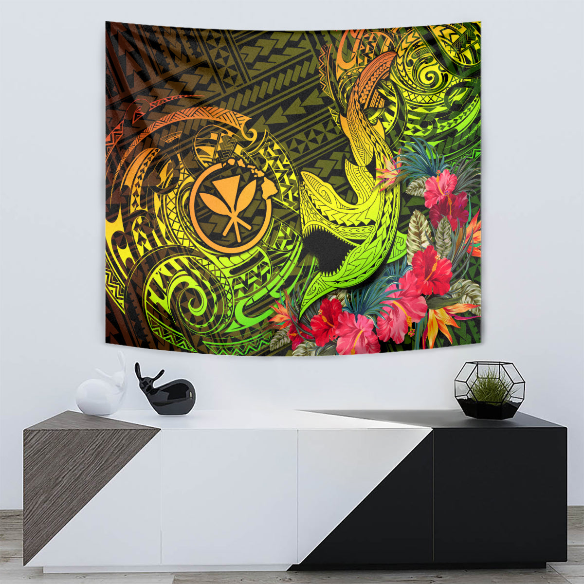 Hawaii Tapestry Kanaka Map With Polynesian Shark Tattoo Reggae Unique LT14 - Polynesian Pride