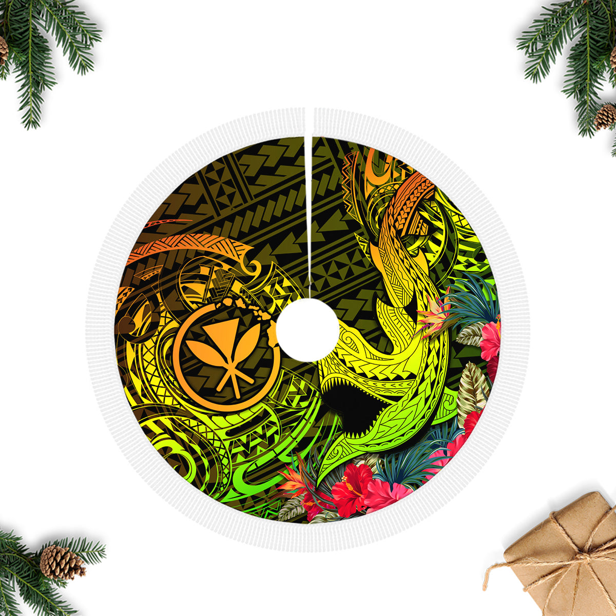 Hawaii Tree Skirt Kanaka Map With Polynesian Shark Tattoo Reggae Unique LT14 Fringed Tree Skirts Reggae - Polynesian Pride