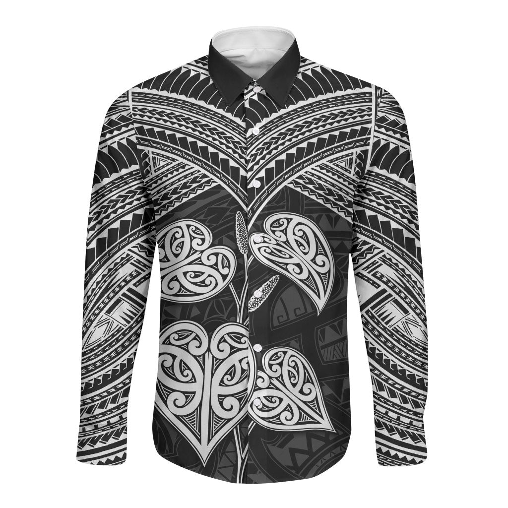 Black New Zealand Kawakawa Maori Ngaru Long Sleeve Button Shirt LT14 Unisex Black - Polynesian Pride