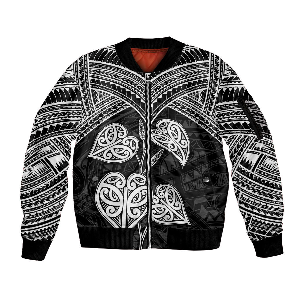 Black New Zealand Kawakawa Maori Ngaru Sleeve Zip Bomber Jacket LT14 Unisex Black - Polynesian Pride