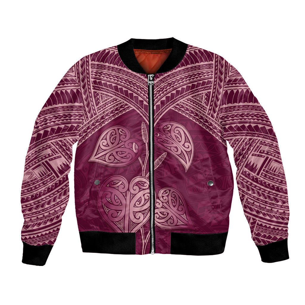 Burgundy New Zealand Kawakawa Maori Ngaru Bomber Jacket LT14 Unisex Burgundy - Polynesian Pride