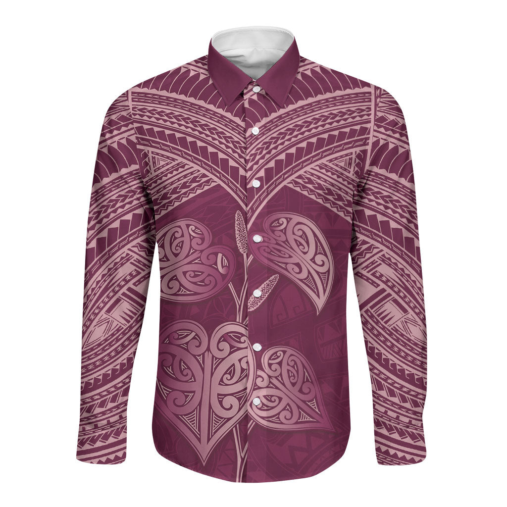 Burgundy New Zealand Kawakawa Maori Ngaru Long Sleeve Button Shirt LT14 Unisex Burgundy - Polynesian Pride
