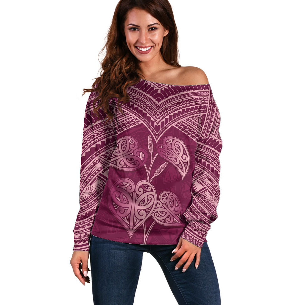 Burgundy New Zealand Kawakawa Maori Ngaru Off Shoulder Sweater LT14 Women Burgundy - Polynesian Pride