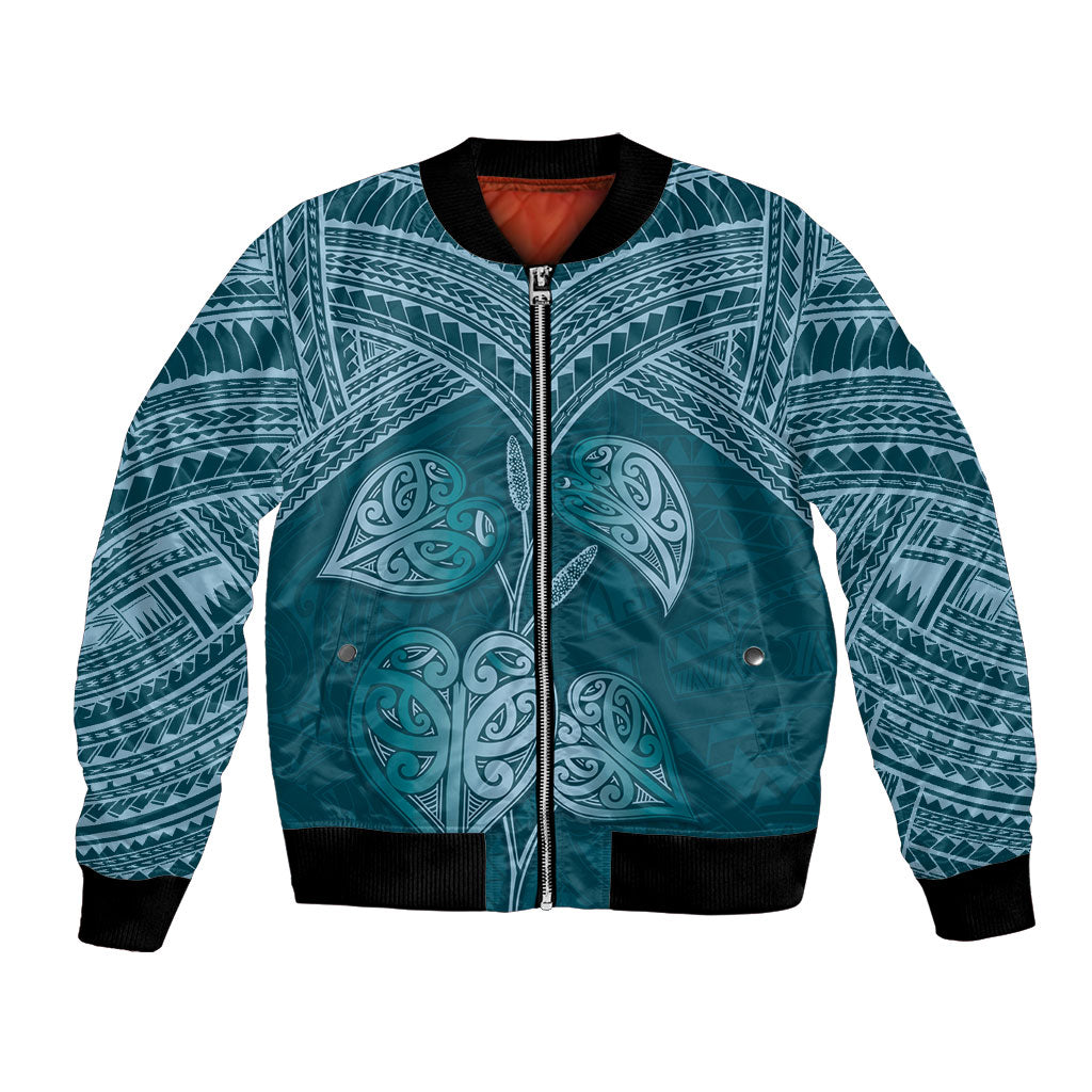 Cyan New Zealand Kawakawa Maori Ngaru Bomber Jacket LT14 Unisex Cyan - Polynesian Pride