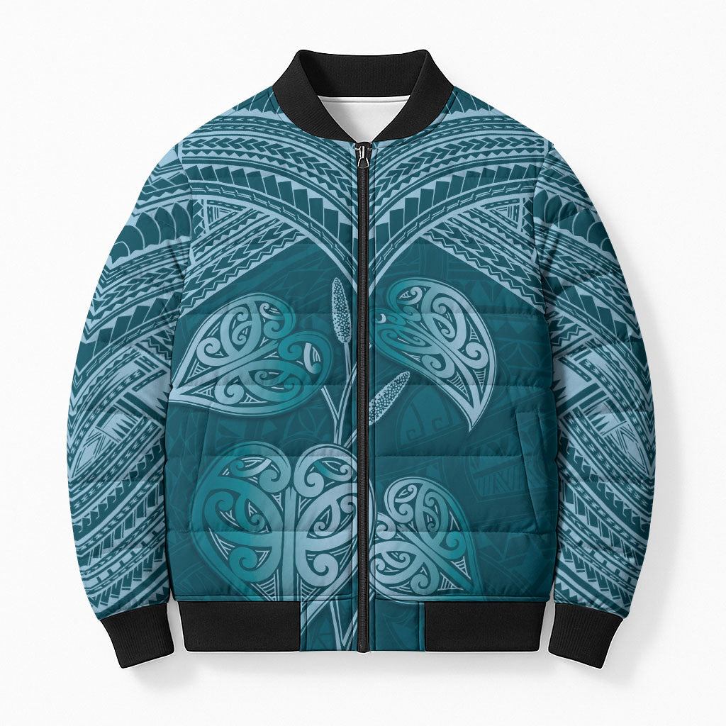Cyan New Zealand Kawakawa Maori Ngaru Bomber Puffer Jacket LT14 Unisex Cyan - Polynesian Pride
