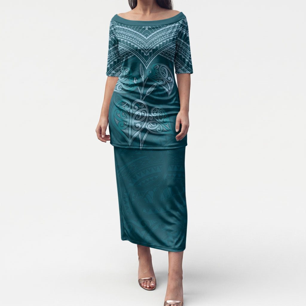 Cyan New Zealand Kawakawa Maori Ngaru Puletasi LT14 Long Dress Cyan - Polynesian Pride