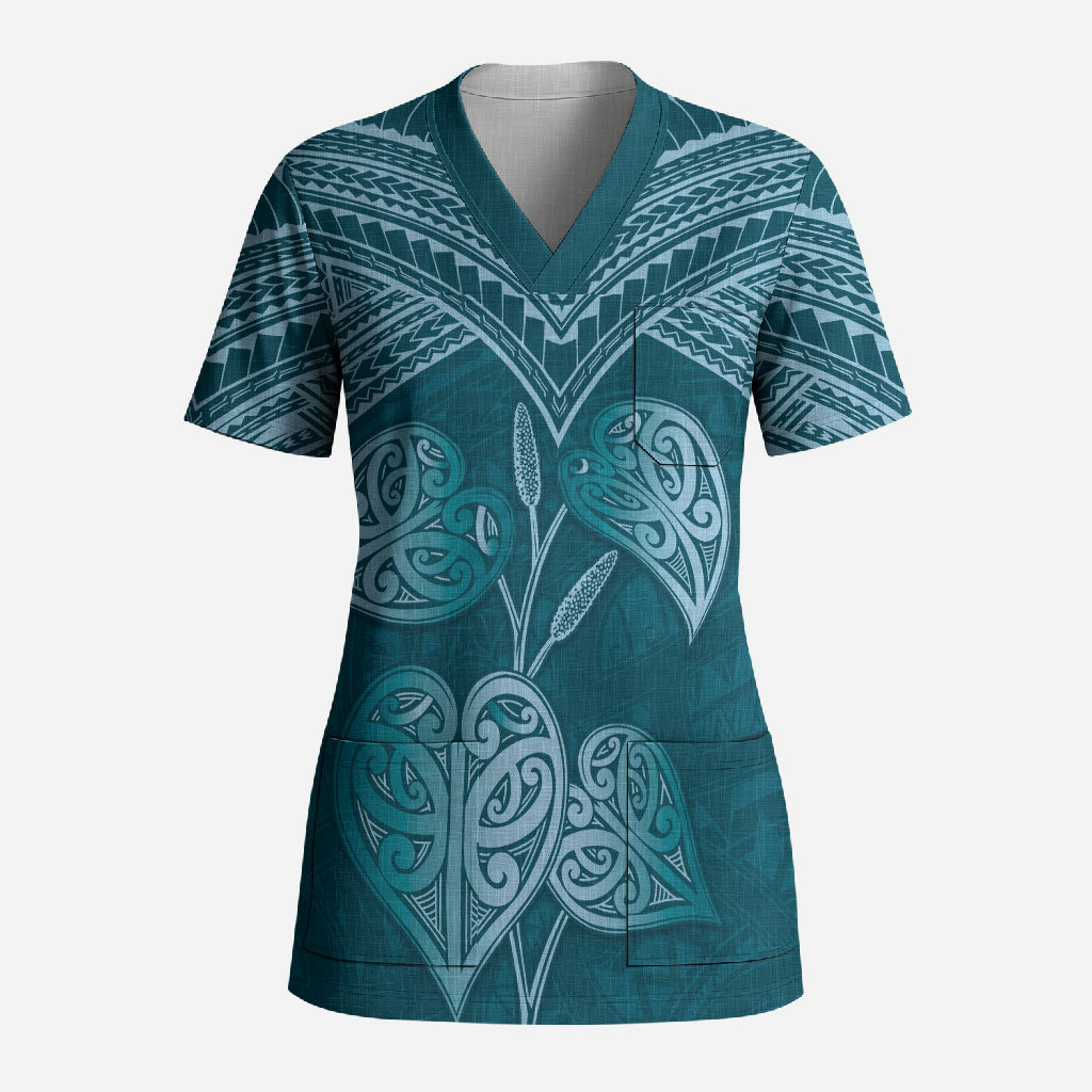 Cyan New Zealand Kawakawa Maori Ngaru Scrub Top LT14 Adult Cyan - Polynesian Pride