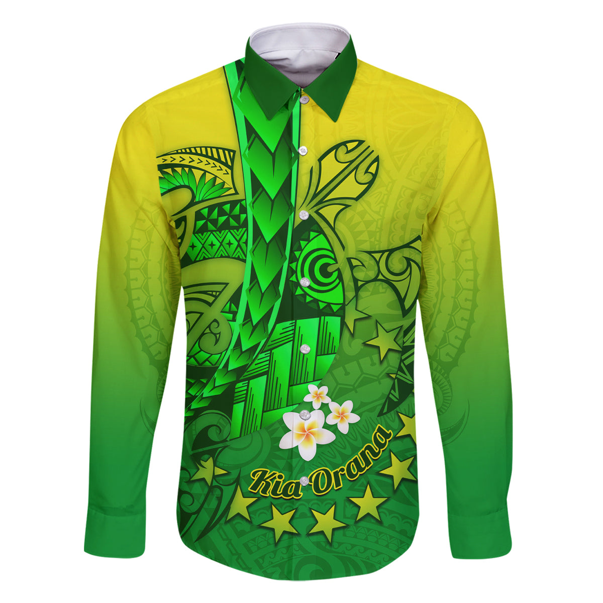 Kia Orana Cook Islands Family Matching Off Shoulder Long Sleeve Dress and Hawaiian Shirt Kuki Airani Tattoo Pattern With Sea Turtle LT14 Dad's Shirt - Long Sleeve Green - Polynesian Pride