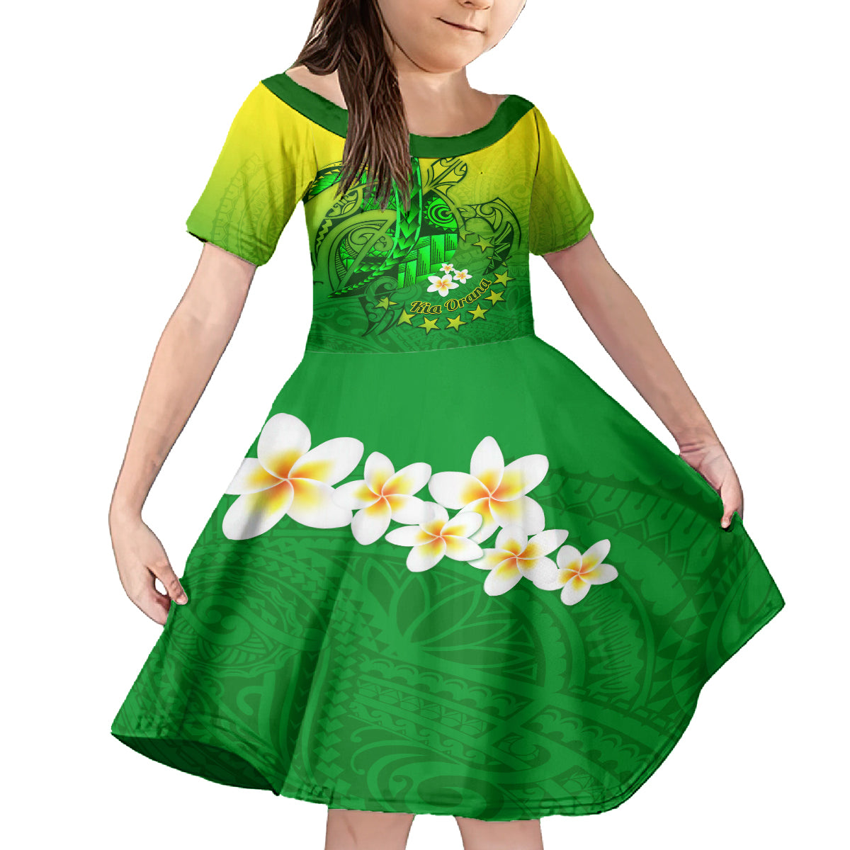 Kia Orana Cook Islands Family Matching Off Shoulder Maxi Dress and Hawaiian Shirt Kuki Airani Tattoo Pattern With Sea Turtle LT14 Daughter's Dress Green - Polynesian Pride