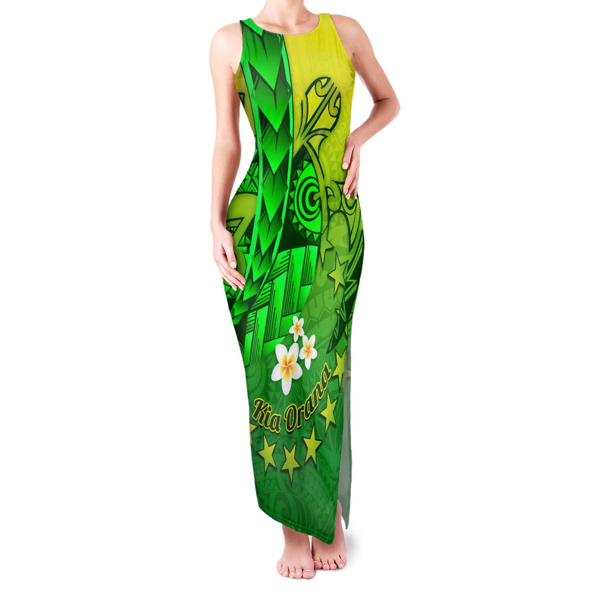 Kia Orana Cook Islands Family Matching Tank Maxi Dress and Hawaiian Shirt Kuki Airani Tattoo Pattern With Sea Turtle LT14 Mom's Dress Green - Polynesian Pride