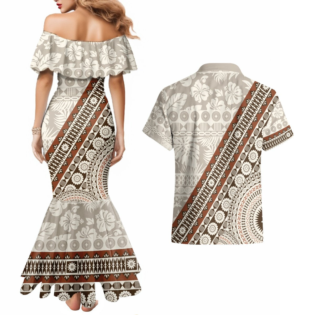 Bula Fiji Couples Matching Mermaid Dress and Hawaiian Shirt Fijian Masi Tapa Cloth Vintage Vibes LT14 - Polynesian Pride
