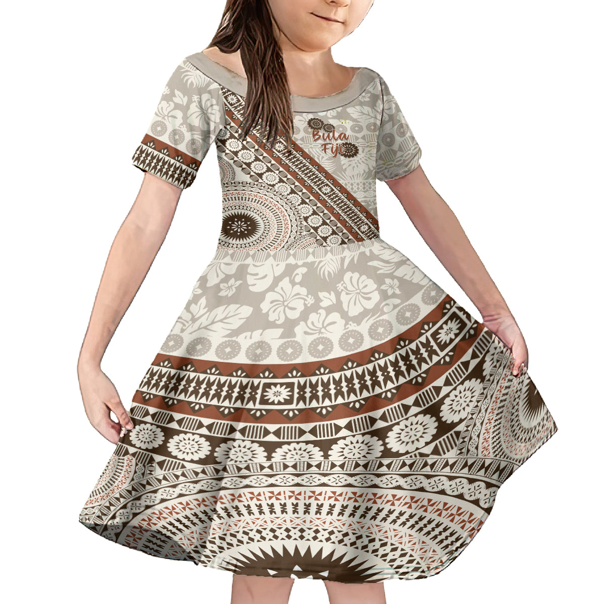 Bula Fiji Family Matching Off Shoulder Maxi Dress and Hawaiian Shirt Fijian Masi Tapa Cloth Vintage Vibes LT14 Daughter's Dress Beige - Polynesian Pride