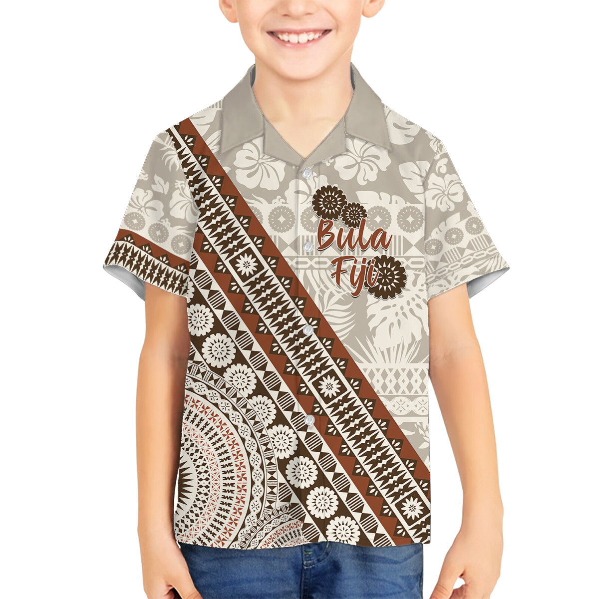Bula Fiji Family Matching Off Shoulder Maxi Dress and Hawaiian Shirt Fijian Masi Tapa Cloth Vintage Vibes LT14 Son's Shirt Beige - Polynesian Pride