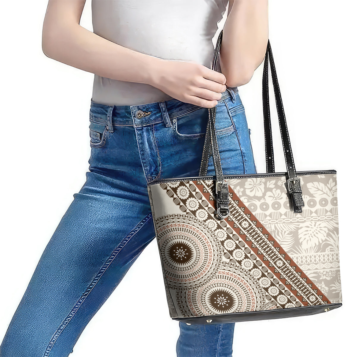 Bula Fiji Leather Tote Bag Fijian Masi Tapa Cloth Vintage Vibes LT14 - Polynesian Pride