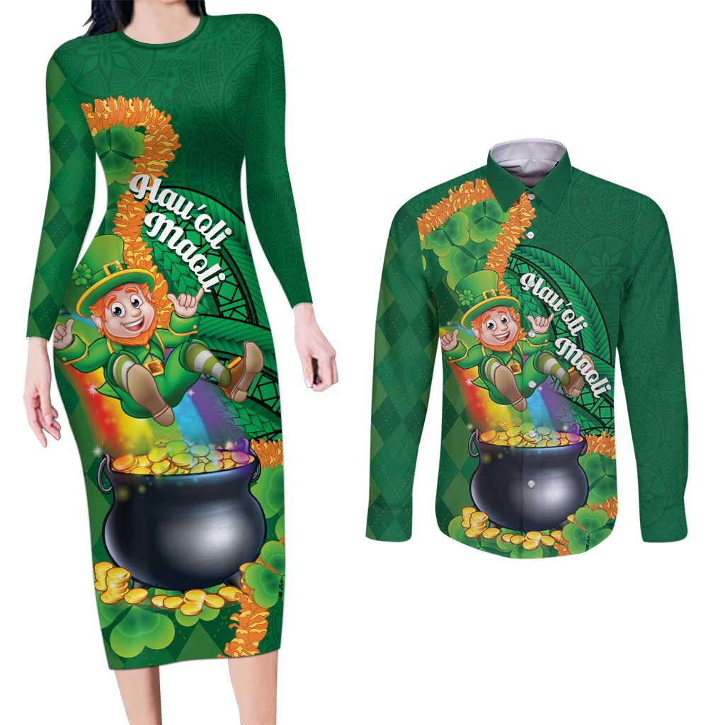St Patrick's Day Hawaii Couples Matching Long Sleeve Bodycon Dress and Long Sleeve Button Shirt Hauoli Maoli Funny Shaka Leprechaun LT14 Green - Polynesian Pride