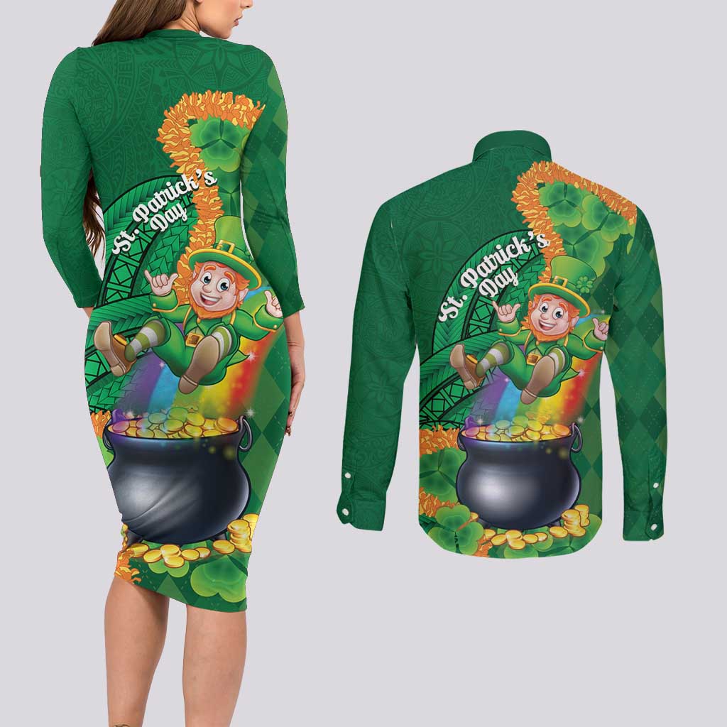 St Patrick's Day Hawaii Couples Matching Long Sleeve Bodycon Dress and Long Sleeve Button Shirt Hauoli Maoli Funny Shaka Leprechaun LT14 - Polynesian Pride