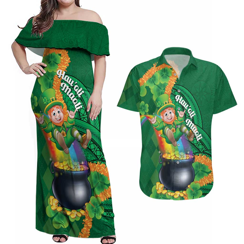 St Patrick's Day Hawaii Couples Matching Off Shoulder Maxi Dress and Hawaiian Shirt Hauoli Maoli Funny Shaka Leprechaun LT14 Green - Polynesian Pride