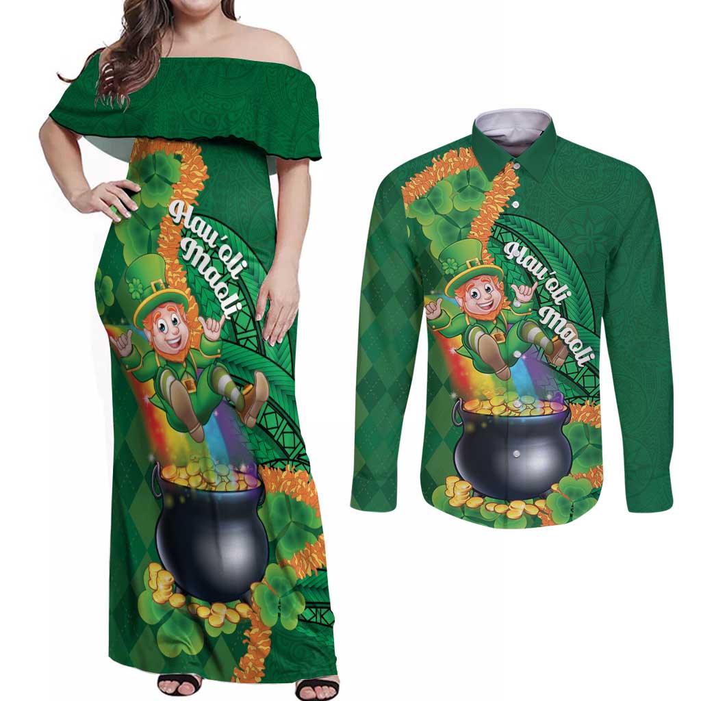 St Patrick's Day Hawaii Couples Matching Off Shoulder Maxi Dress and Long Sleeve Button Shirt Hauoli Maoli Funny Shaka Leprechaun LT14 Green - Polynesian Pride
