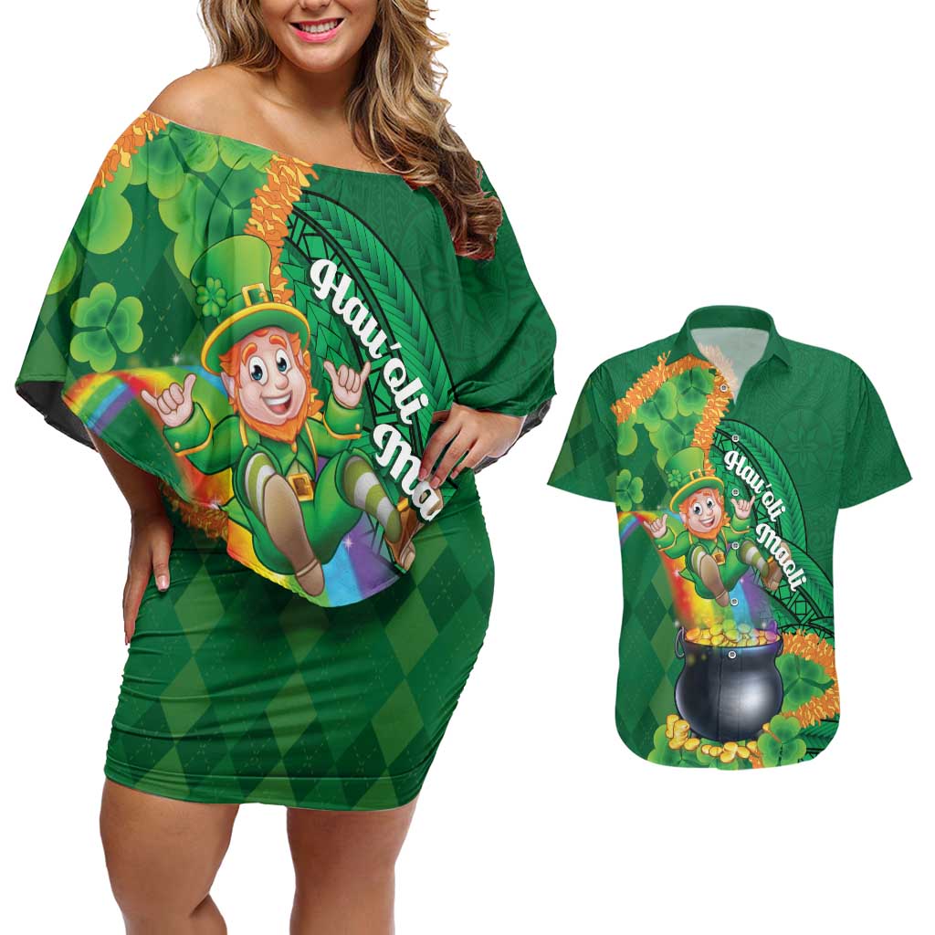 St Patrick's Day Hawaii Couples Matching Off Shoulder Short Dress and Hawaiian Shirt Hauoli Maoli Funny Shaka Leprechaun LT14 Green - Polynesian Pride