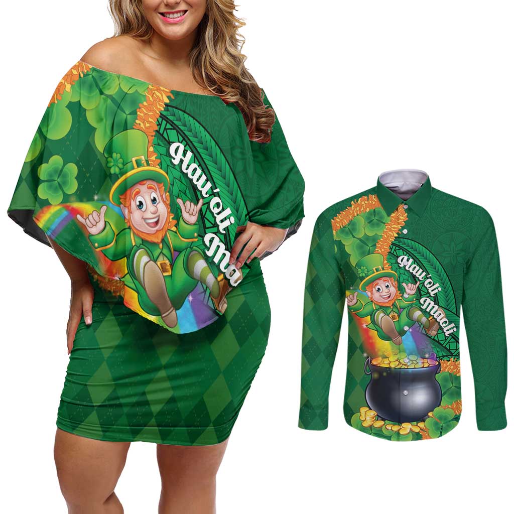 St Patrick's Day Hawaii Couples Matching Off Shoulder Short Dress and Long Sleeve Button Shirt Hauoli Maoli Funny Shaka Leprechaun LT14 Green - Polynesian Pride