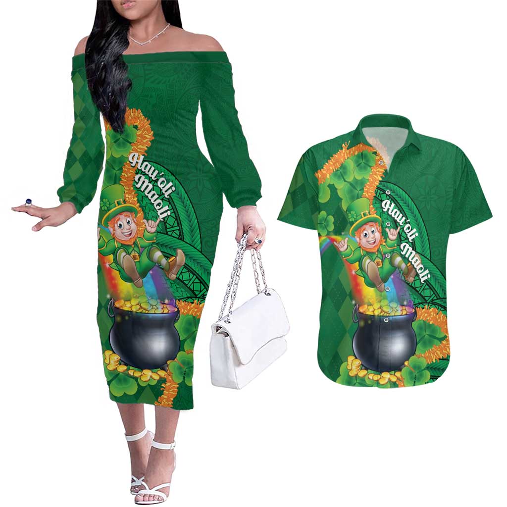St Patrick's Day Hawaii Couples Matching Off The Shoulder Long Sleeve Dress and Hawaiian Shirt Hauoli Maoli Funny Shaka Leprechaun