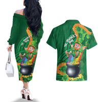 St Patrick's Day Hawaii Couples Matching Off The Shoulder Long Sleeve Dress and Hawaiian Shirt Hauoli Maoli Funny Shaka Leprechaun LT14 - Polynesian Pride