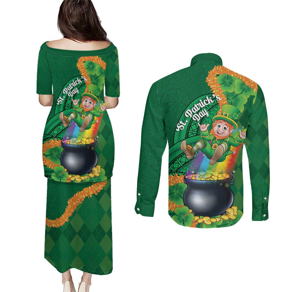 St Patrick's Day Hawaii Couples Matching Puletasi and Long Sleeve Button Shirt Hauoli Maoli Funny Shaka Leprechaun LT14 - Polynesian Pride