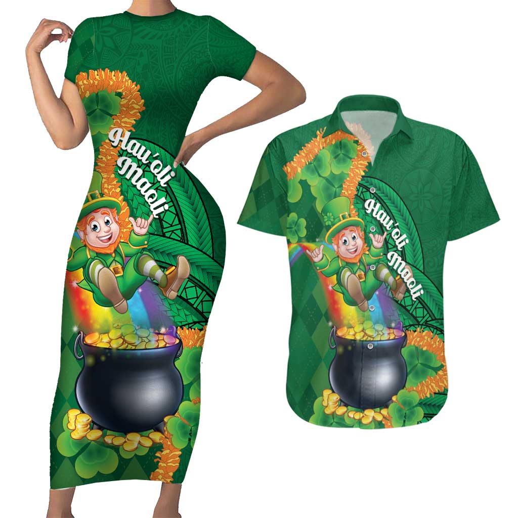 St Patrick's Day Hawaii Couples Matching Short Sleeve Bodycon Dress and Hawaiian Shirt Hauoli Maoli Funny Shaka Leprechaun LT14 Green - Polynesian Pride