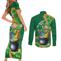 St Patrick's Day Hawaii Couples Matching Short Sleeve Bodycon Dress and Long Sleeve Button Shirt Hauoli Maoli Funny Shaka Leprechaun LT14 - Polynesian Pride