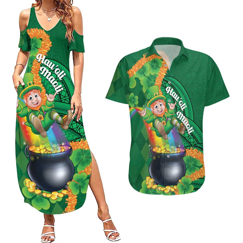 St Patrick's Day Hawaii Couples Matching Summer Maxi Dress and Hawaiian Shirt Hauoli Maoli Funny Shaka Leprechaun