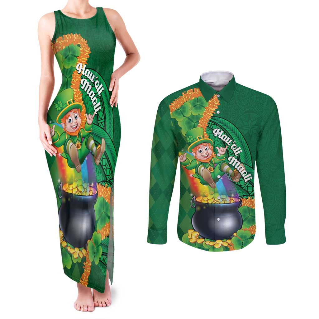 St Patrick's Day Hawaii Couples Matching Tank Maxi Dress and Long Sleeve Button Shirt Hauoli Maoli Funny Shaka Leprechaun LT14 Green - Polynesian Pride