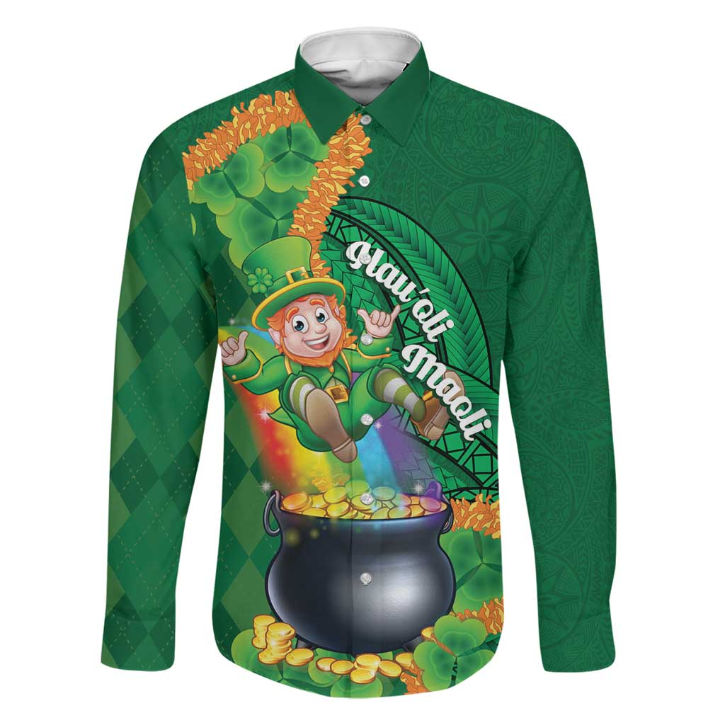 St Patrick's Day Hawaii Family Matching Long Sleeve Bodycon Dress and Hawaiian Shirt Hauoli Maoli Funny Shaka Leprechaun LT14 Dad's Shirt - Long Sleeve Green - Polynesian Pride