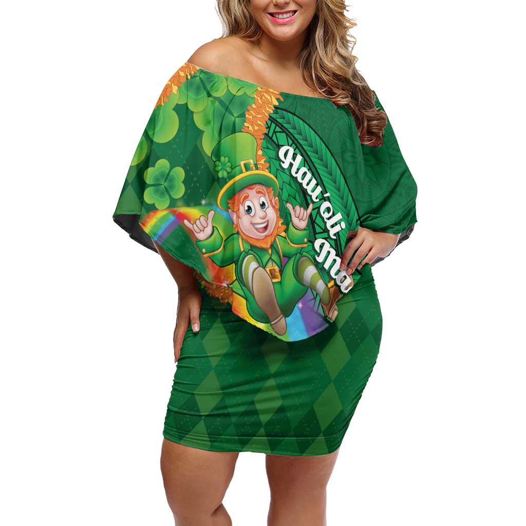 St Patrick's Day Hawaii Family Matching Off Shoulder Short Dress and Hawaiian Shirt Hauoli Maoli Funny Shaka Leprechaun LT14 Mom's Dress Green - Polynesian Pride