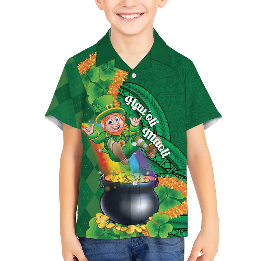 St Patrick's Day Hawaii Family Matching Off Shoulder Short Dress and Hawaiian Shirt Hauoli Maoli Funny Shaka Leprechaun LT14 Son's Shirt Green - Polynesian Pride