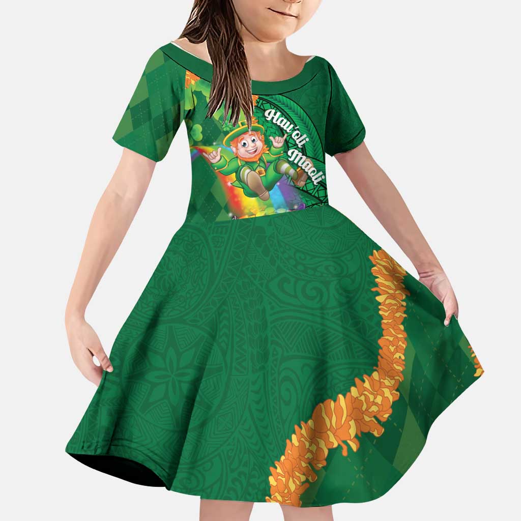 St Patrick's Day Hawaii Family Matching Summer Maxi Dress and Hawaiian Shirt Hauoli Maoli Funny Shaka Leprechaun LT14 Daughter's Dress Green - Polynesian Pride